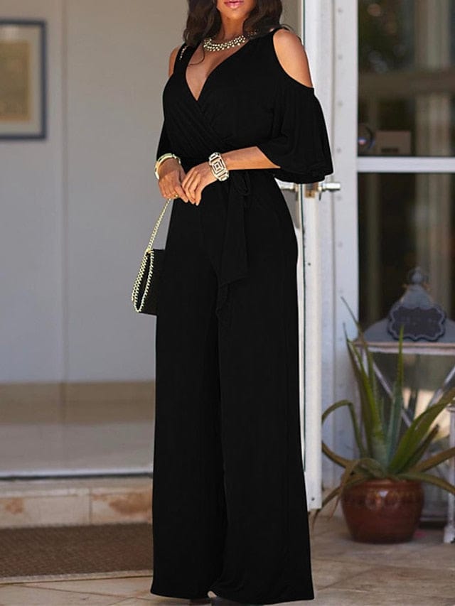 Lace Up V Neck Jumpsuit: Women's Stylish Black Long Sleeve One-Piece