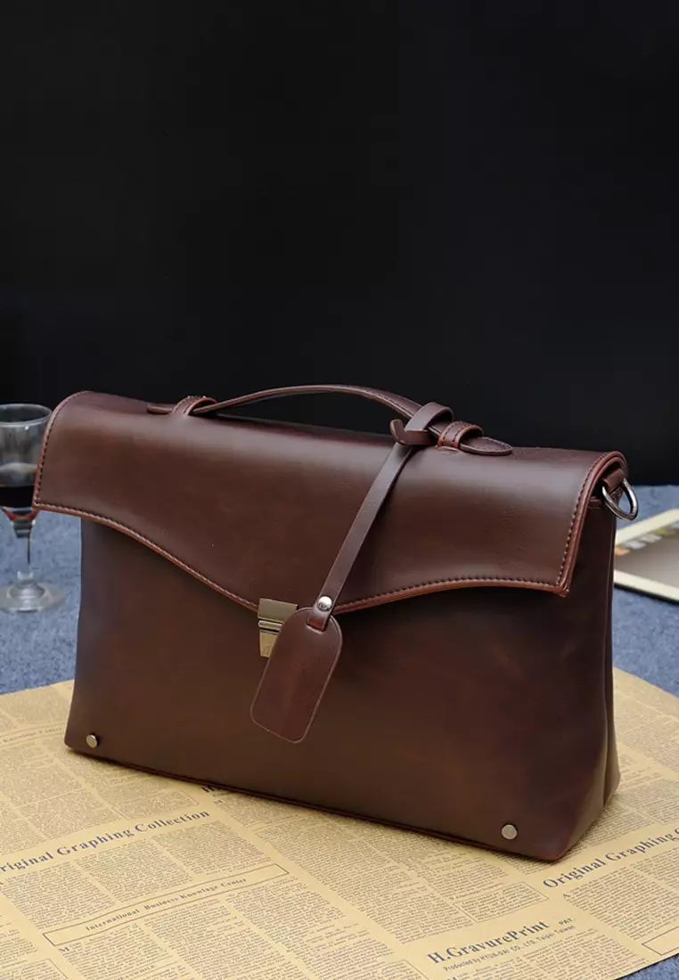 Lara Plain Handle Briefcases With A Strap - Brown