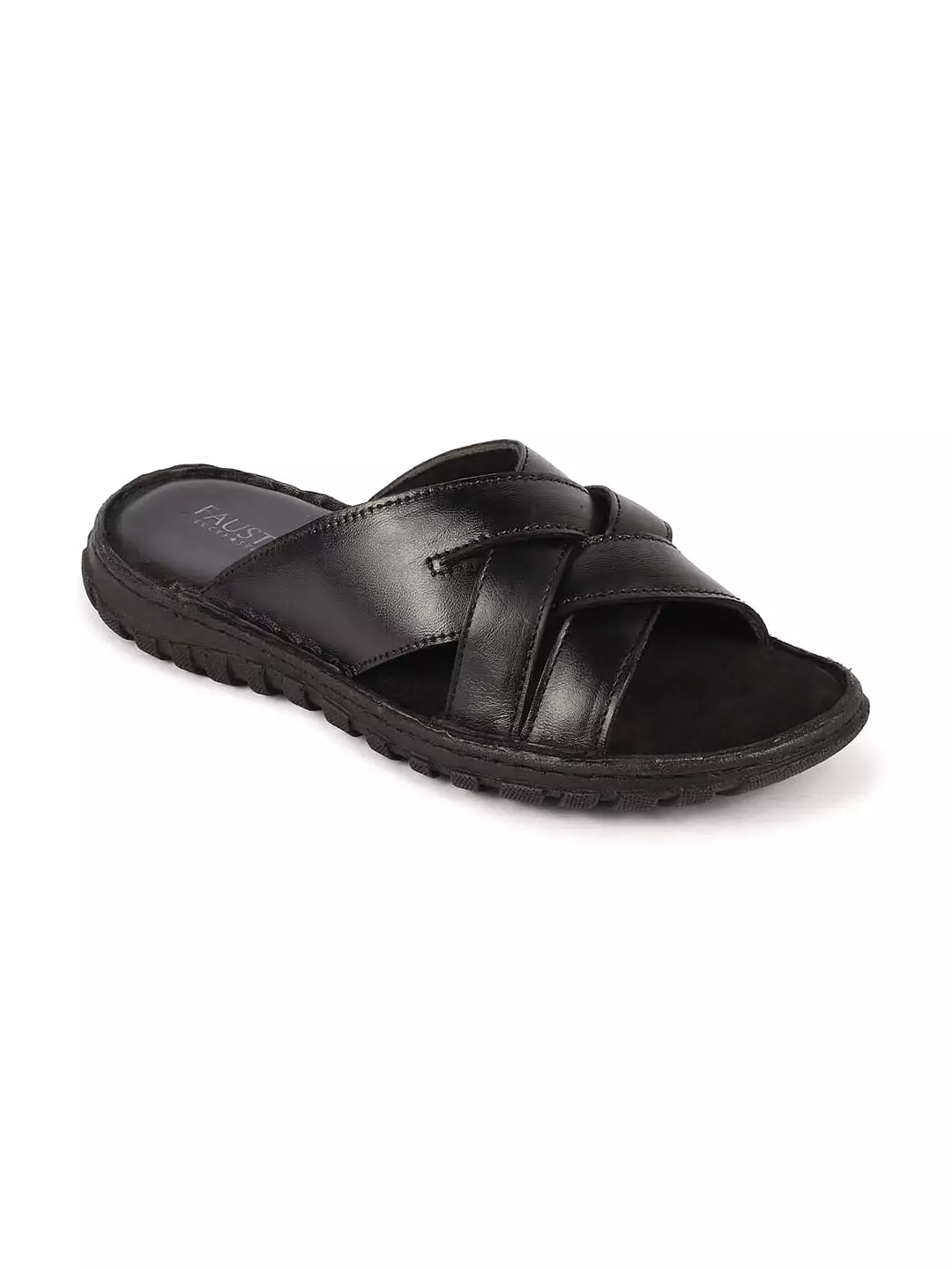 Men Black Genuine Leather Multi Cross Strap Open Toe Suede Leather Insole Slippers