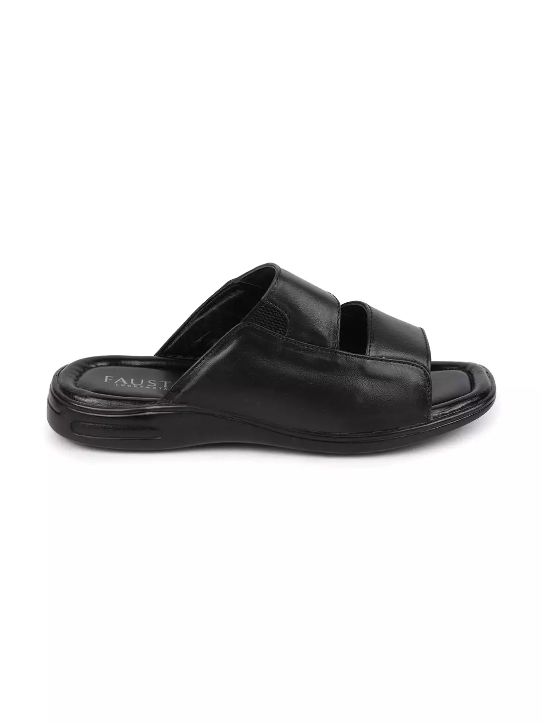 Men Black Leather Outdoor Lightweight Cushioned Slip On Slippers