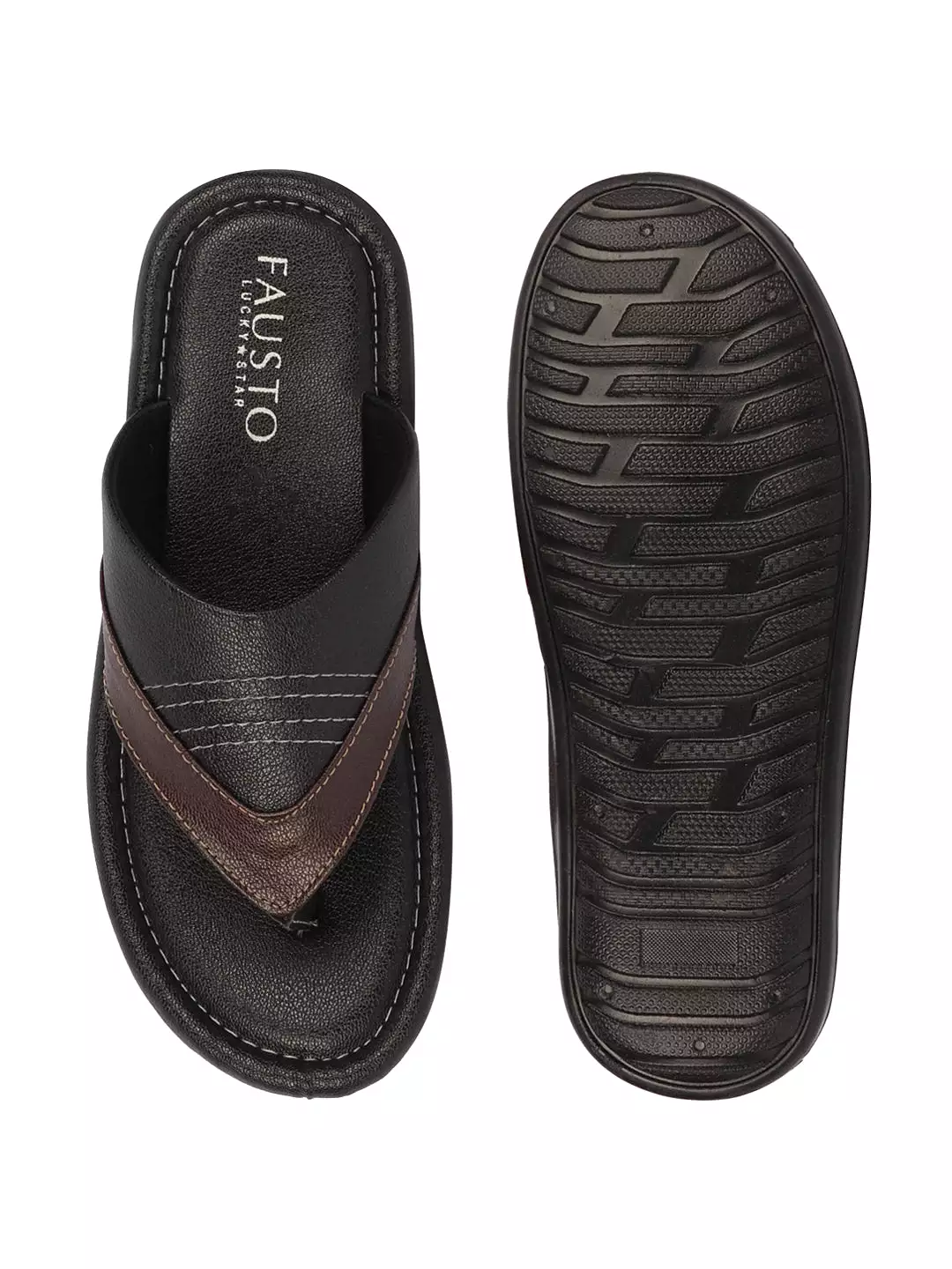 Men Black Side Stitched Outdoor Thong Slipper Sandals