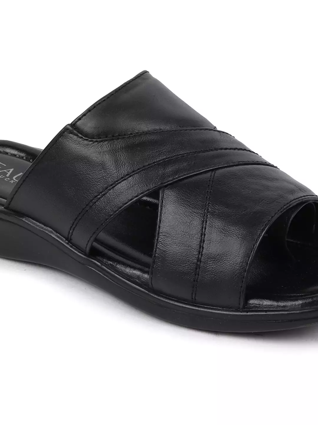 Men Black Slip On Leather Outdoor Lightweight Cushioned Slippers