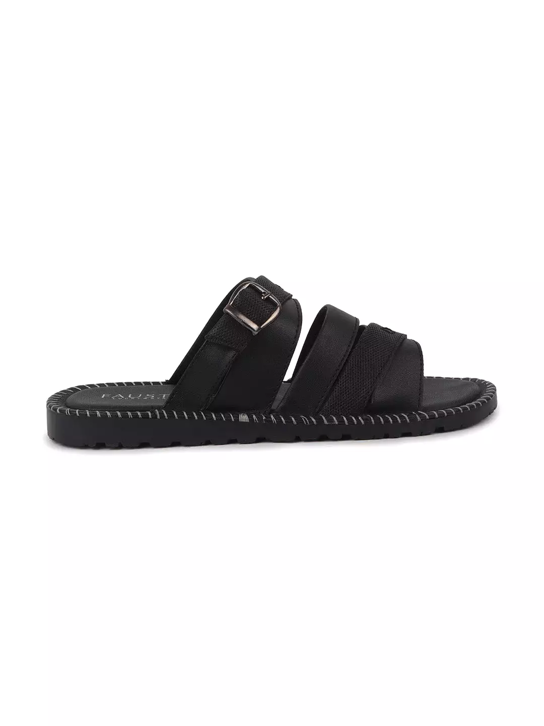 Men Black Slip On TPR Sole Side Stitch Outdoor & Indoor Slippers