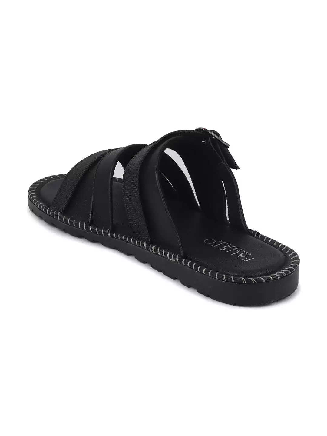 Men Black Slip On TPR Sole Side Stitch Outdoor & Indoor Slippers