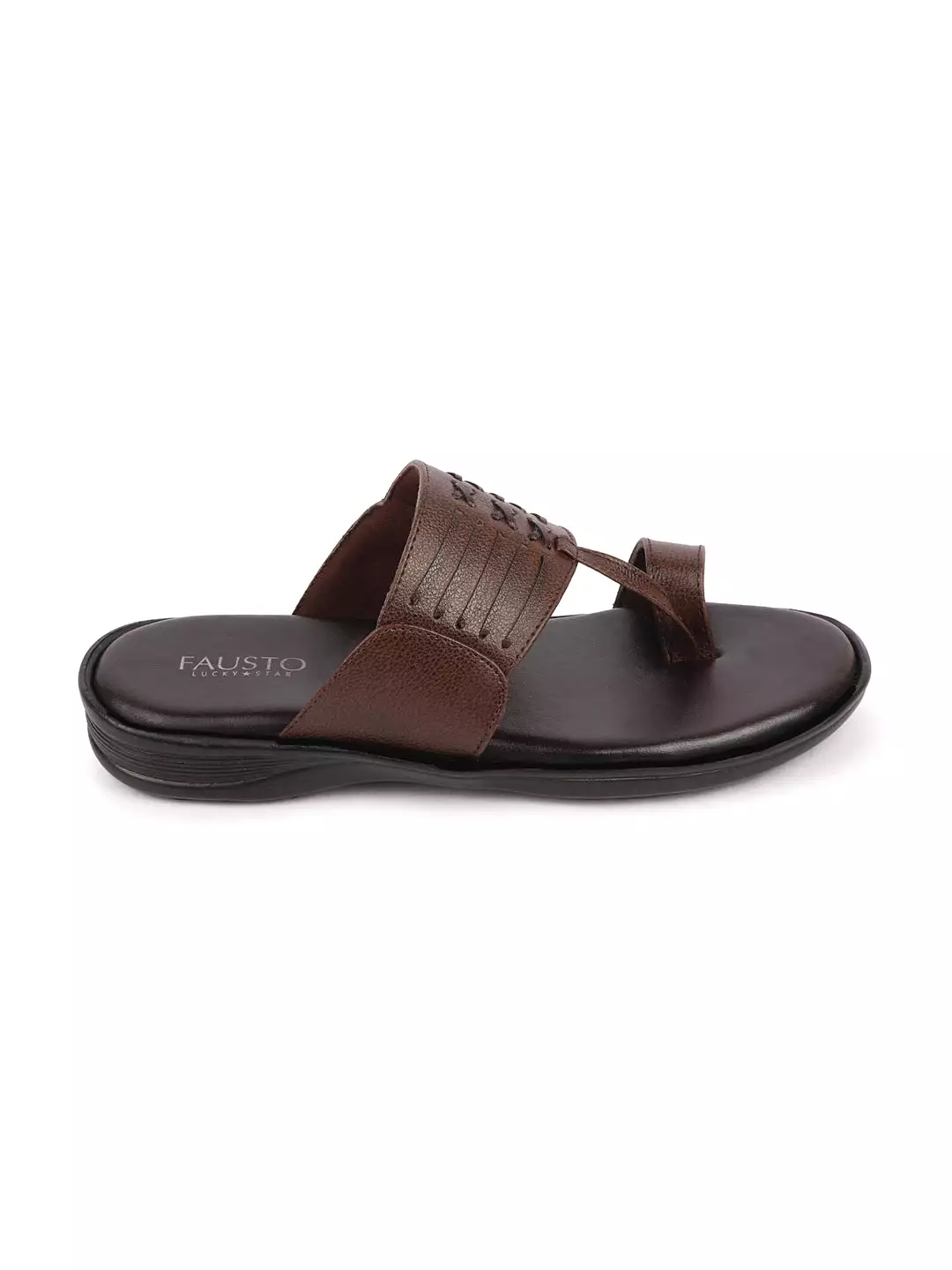 Men Brown Daily Indoor Outdoor Comfort Stitched Design Kolhapuri Toe Ring Slip On Slipper