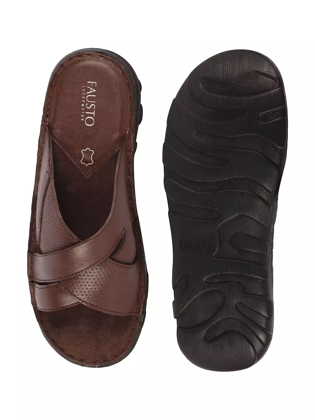 Men Brown Genuine Leather Criss Cross Strap Open Toe Suede Leather Insole Slippers