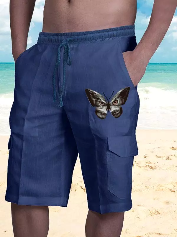 Men Linen Cargo Shorts Cat Print