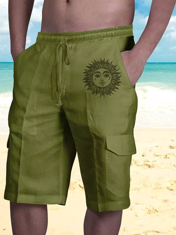 Men Linen Cargo Shorts Sunny Face