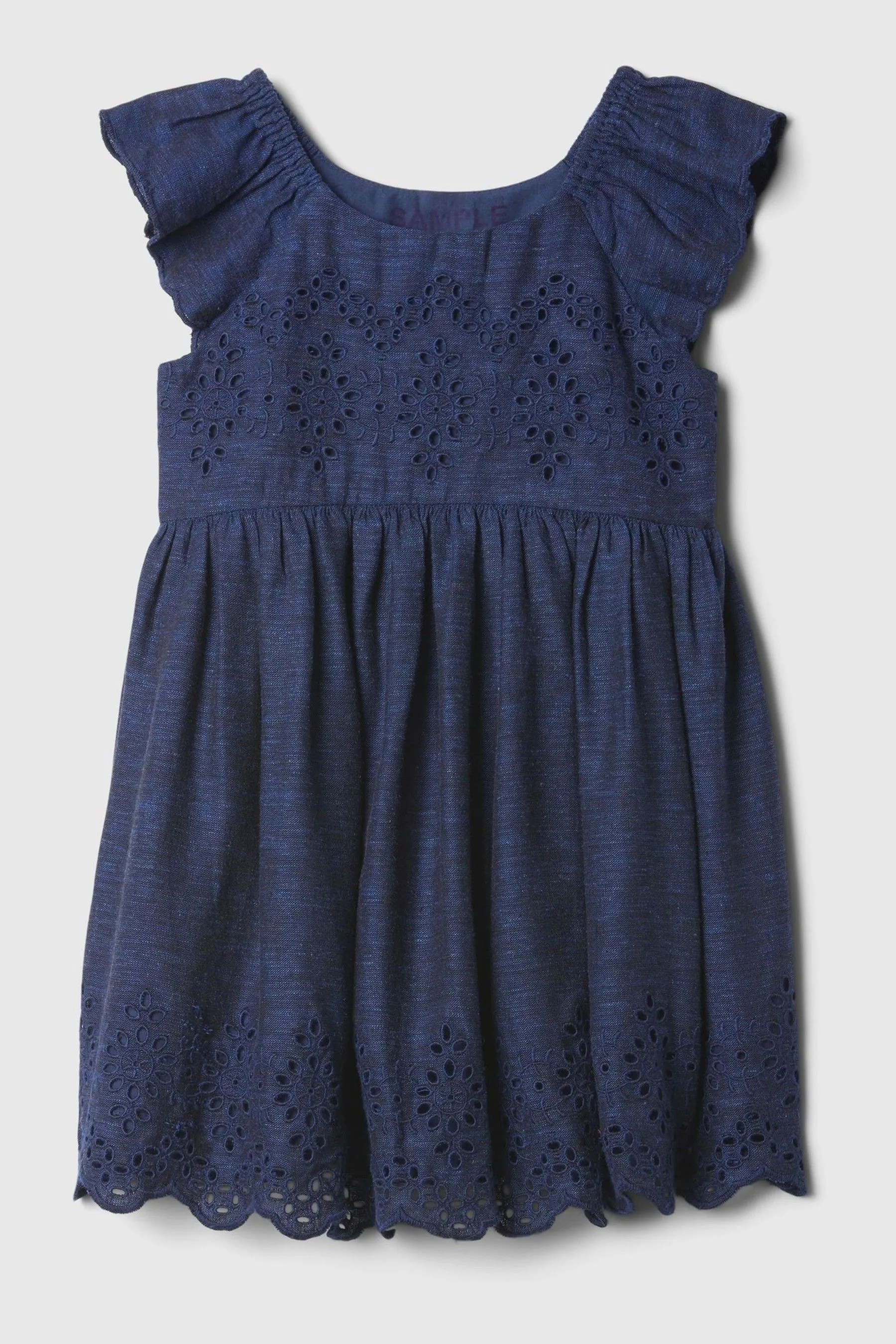 Navy Blue Cotton Eyelet Flutter Sleeve Baby Dress (Newborn-5yrs)