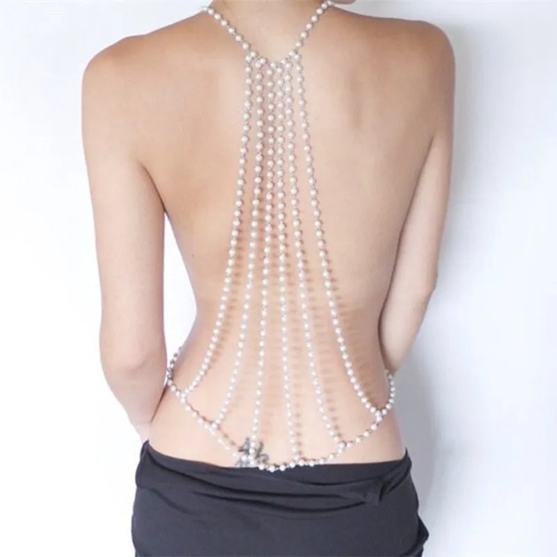 NEW  fashion design Sexy Female king Round pearl necklace Back chain Body connected Fashion jewelry Foy women