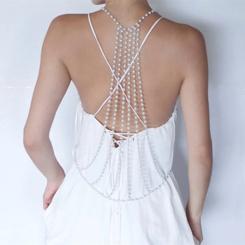 NEW  fashion design Sexy Female king Round pearl necklace Back chain Body connected Fashion jewelry Foy women