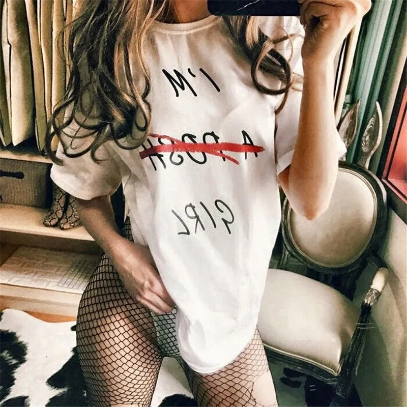 New  Fashion Half Sleeve Cool T-shirts Plus Size Hole Letter Print Female Loose t shirts Sexy Women tshirts 72506 GS