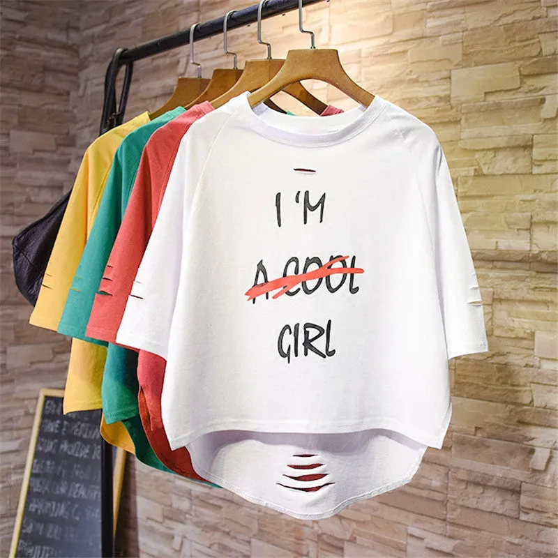 New  Fashion Half Sleeve Cool T-shirts Plus Size Hole Letter Print Female Loose t shirts Sexy Women tshirts 72506 GS