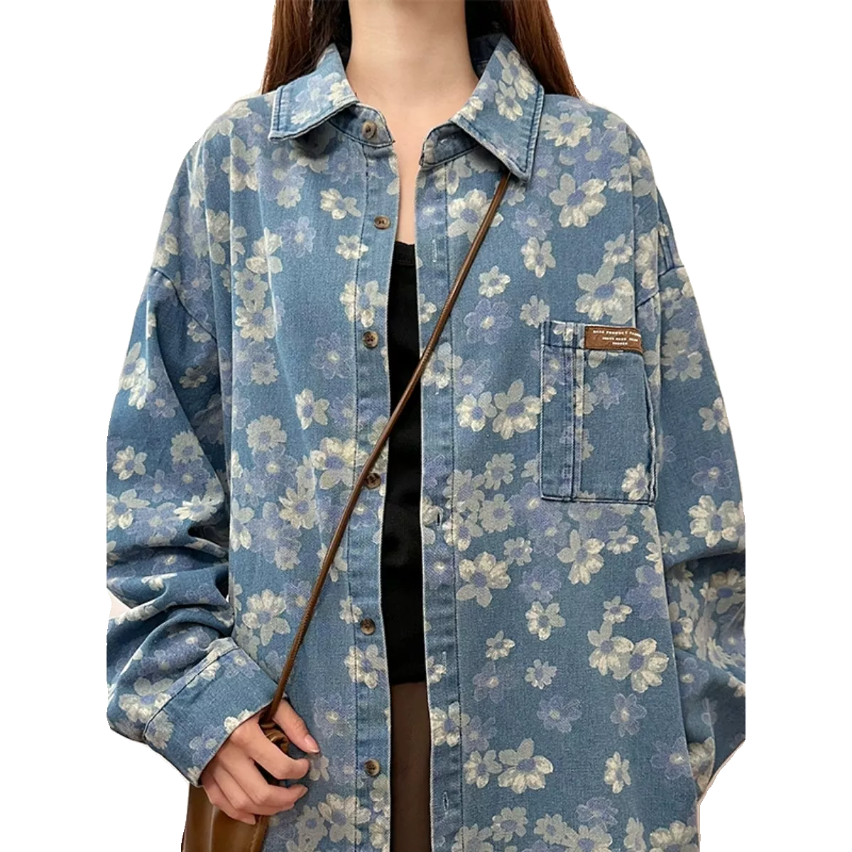 New spring American retro floral denim shirt women's long-sleeved loose versatile casual jacket trendy