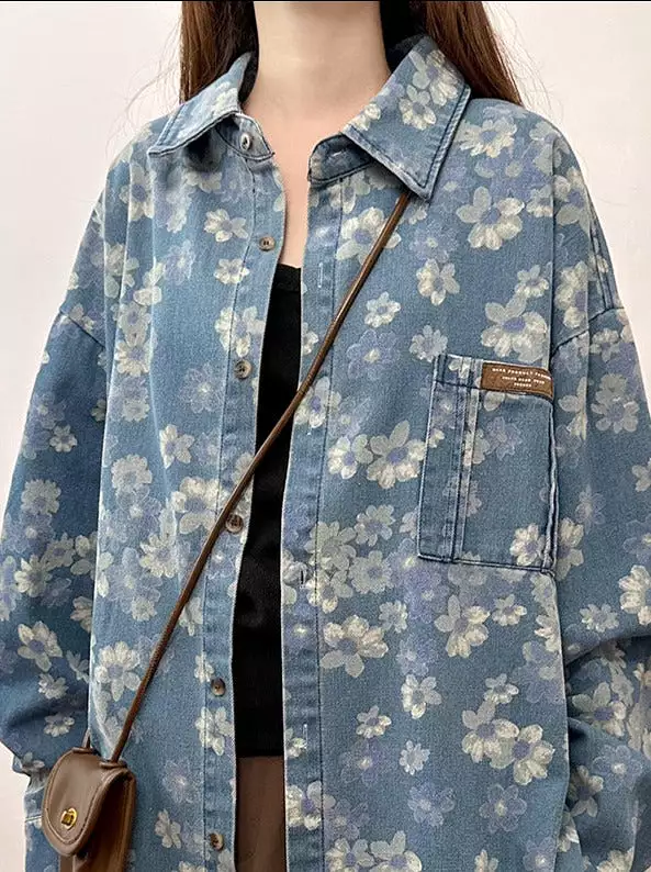 New spring American retro floral denim shirt women's long-sleeved loose versatile casual jacket trendy