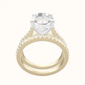 Pave Cathedral Engagement Ring With V Prong with Hidden Halo Head and Matching Band