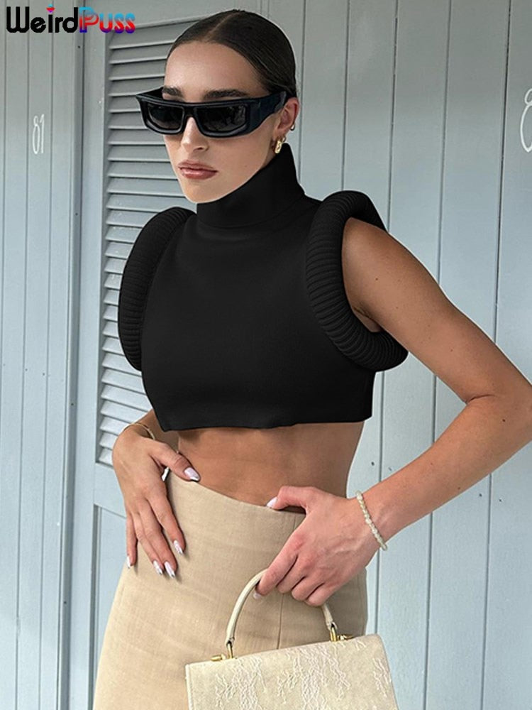 Puffy Edge Women Crop Tops Sleeveless Turtleneck Sexy Basic Vest Summer Hipsters High Street Y2K Rave Partywear