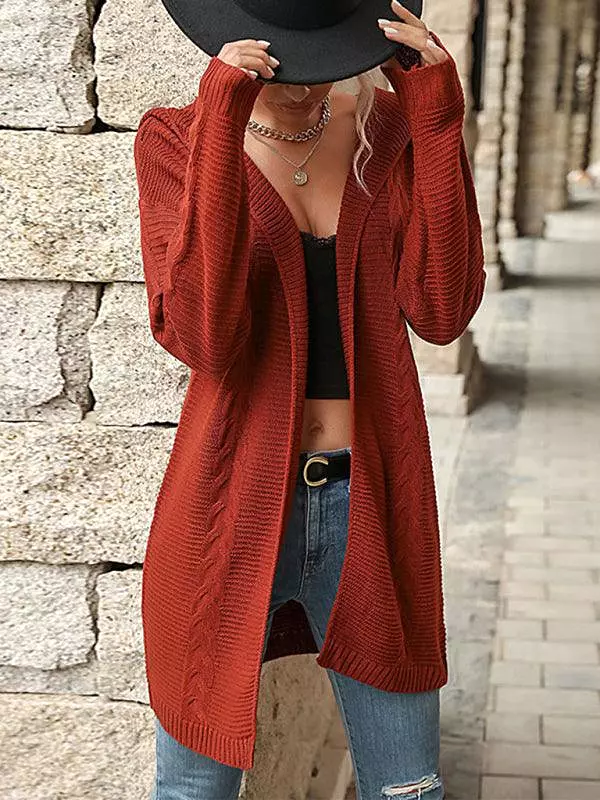 Red Hooded Women Cardigan Sweater