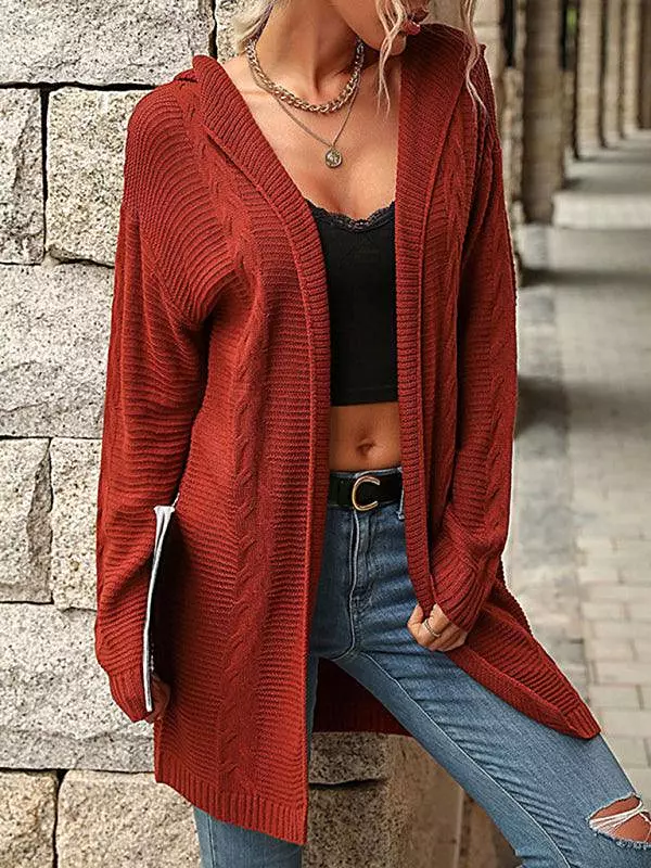 Red Hooded Women Cardigan Sweater