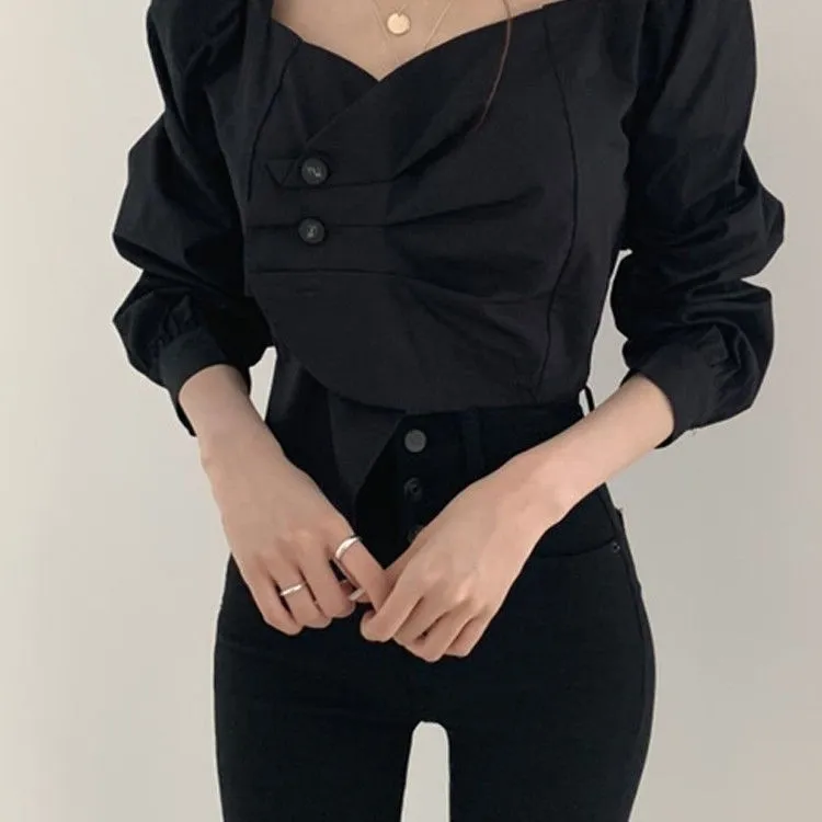 Retro Sexy Square Neck Scheming Clavicle Blouse Women