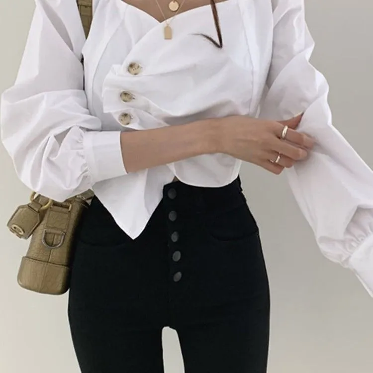 Retro Sexy Square Neck Scheming Clavicle Blouse Women