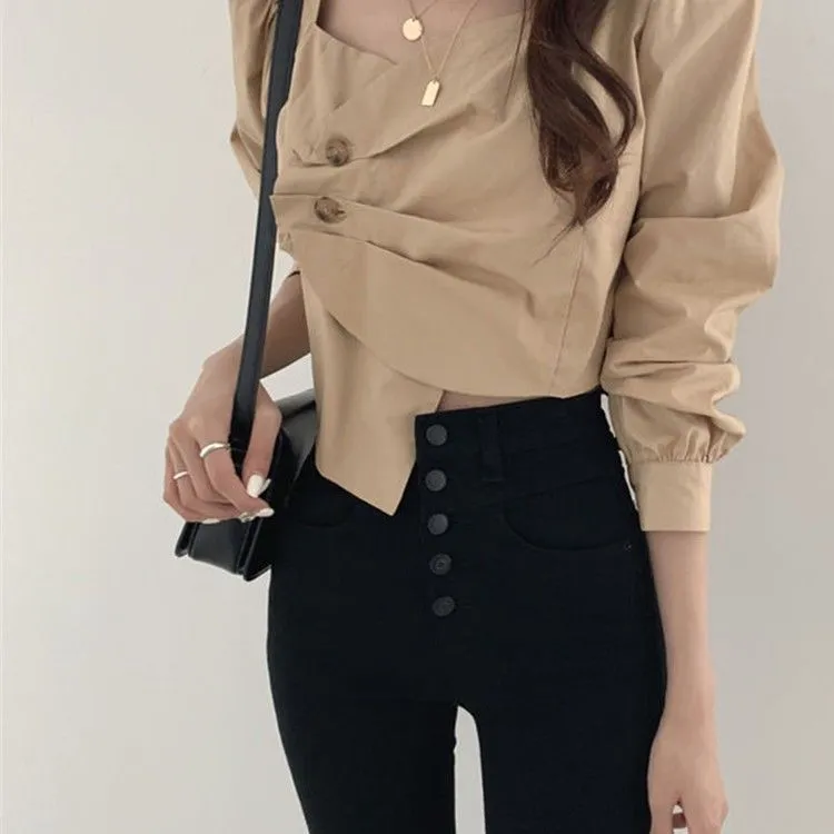 Retro Sexy Square Neck Scheming Clavicle Blouse Women