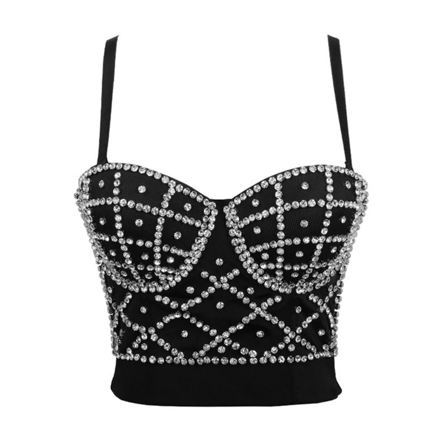 Rhinestones Short Sexy Off Shoulder Slim Crop Top Women Sleeveless Top With Built In Bra Nightclub Push Up Bralette