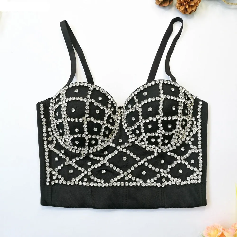 Rhinestones Short Sexy Off Shoulder Slim Crop Top Women Sleeveless Top With Built In Bra Nightclub Push Up Bralette