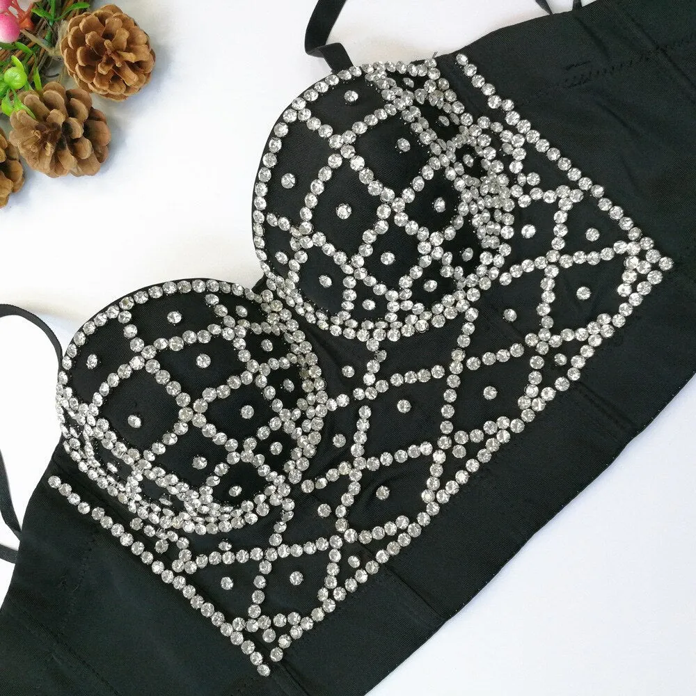 Rhinestones Short Sexy Off Shoulder Slim Crop Top Women Sleeveless Top With Built In Bra Nightclub Push Up Bralette