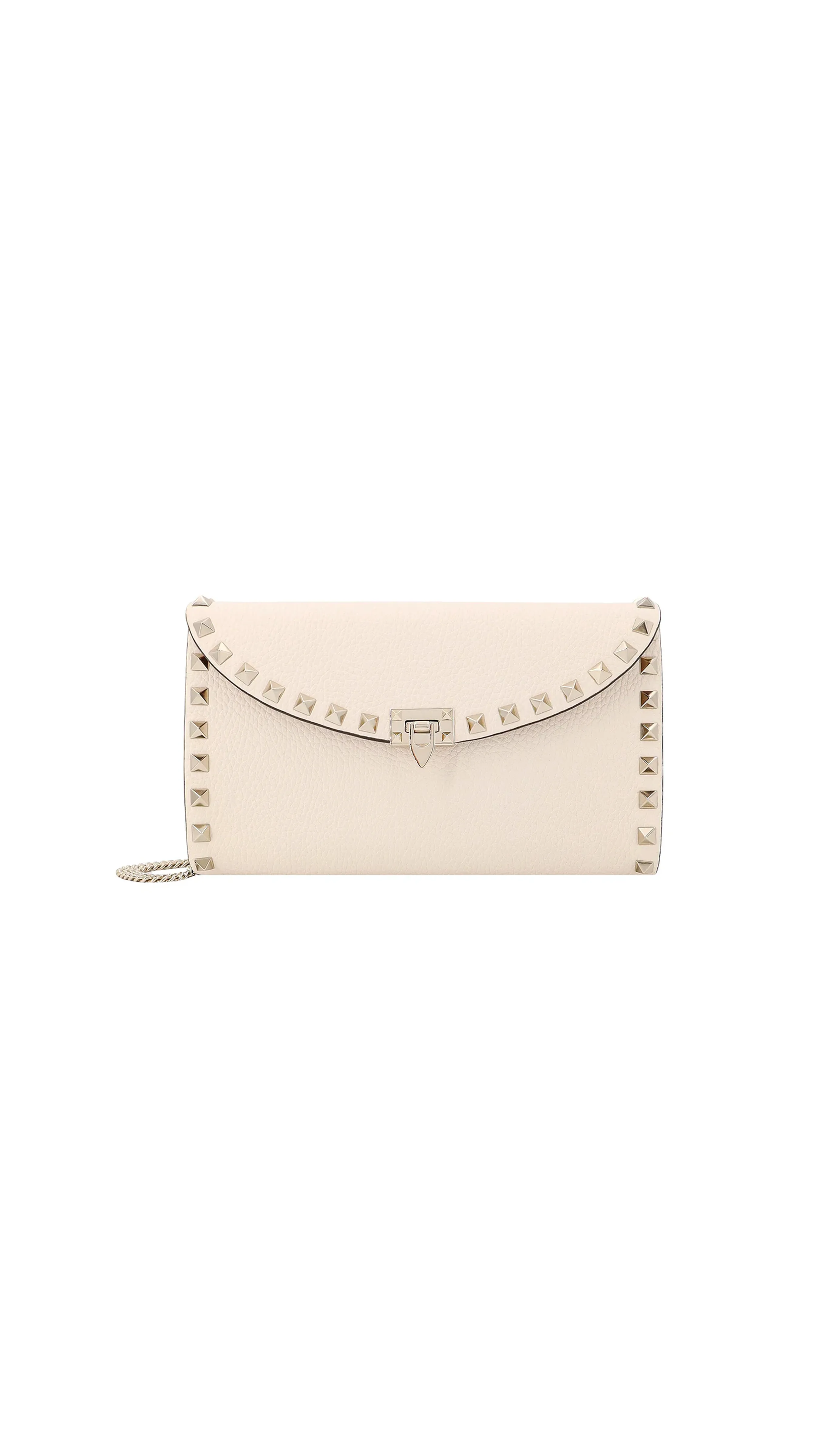 Rockstud Wallet on Chain in Grainy Calfskin - White