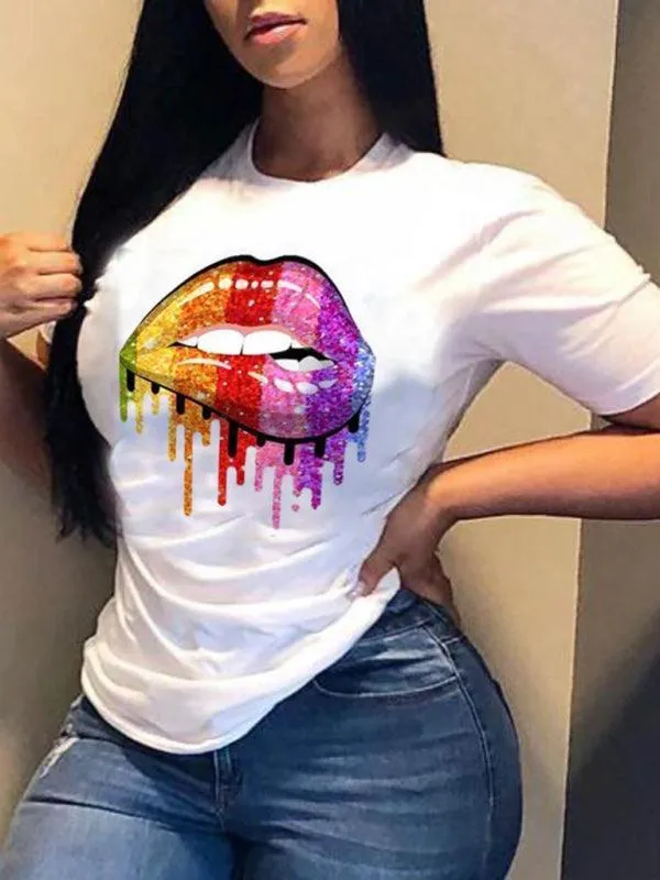 Sexy Lips Print Women T-Shirt