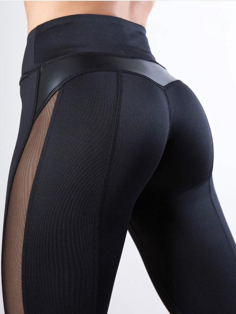 Sexy Mesh Leather Patchwork Black Leggings Women High Waist Fitness