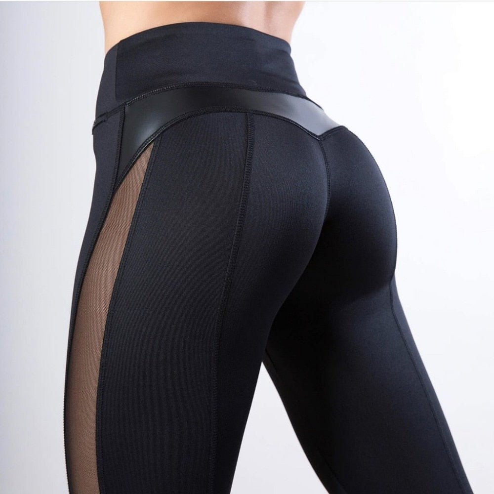 Sexy Mesh Leather Patchwork Black Leggings Women High Waist Fitness