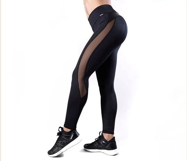 Sexy Mesh Leather Patchwork Black Leggings Women High Waist Fitness