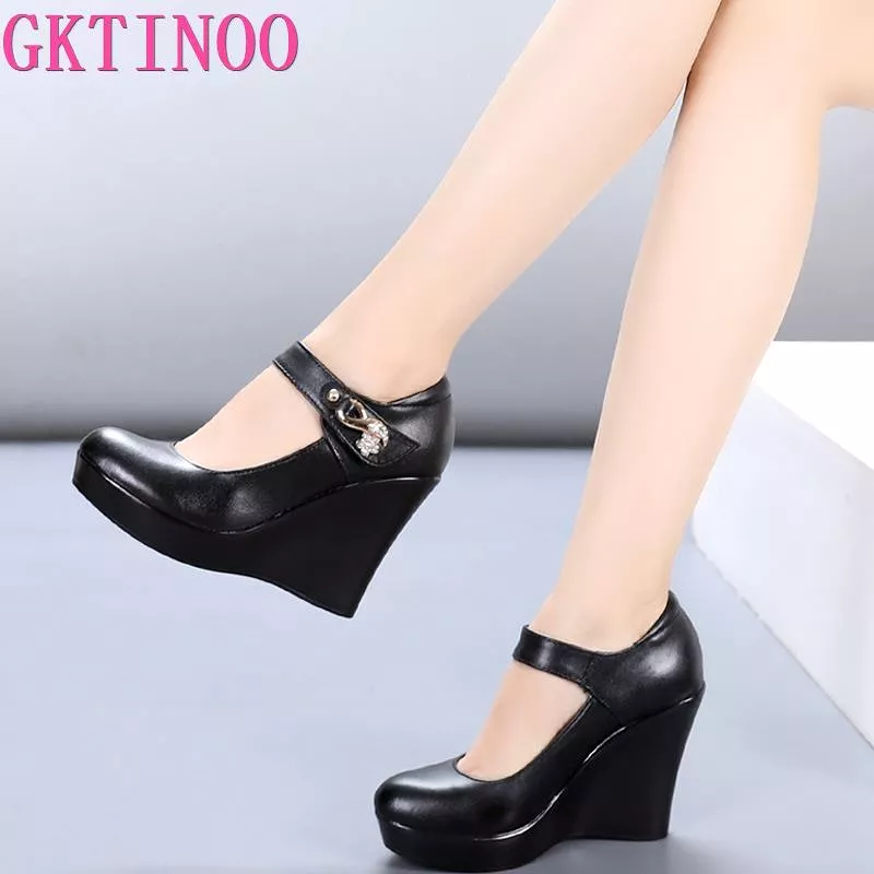 Spring Autumn Genuine Leather Women's Fashion High Heels Pumps Wedges Black Color Female Platform Shoes Large size