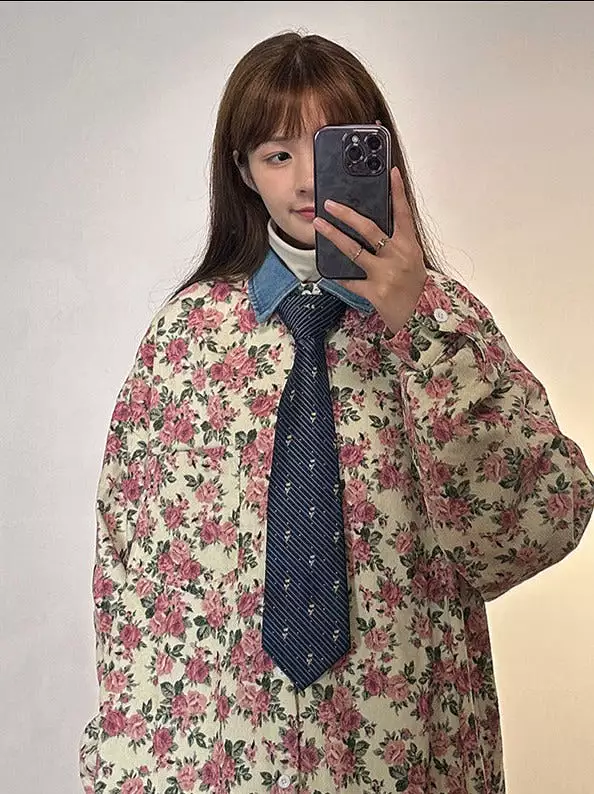 Spring retro floral corduroy long-sleeved shirt women's autumn lazy style loose jacket trend