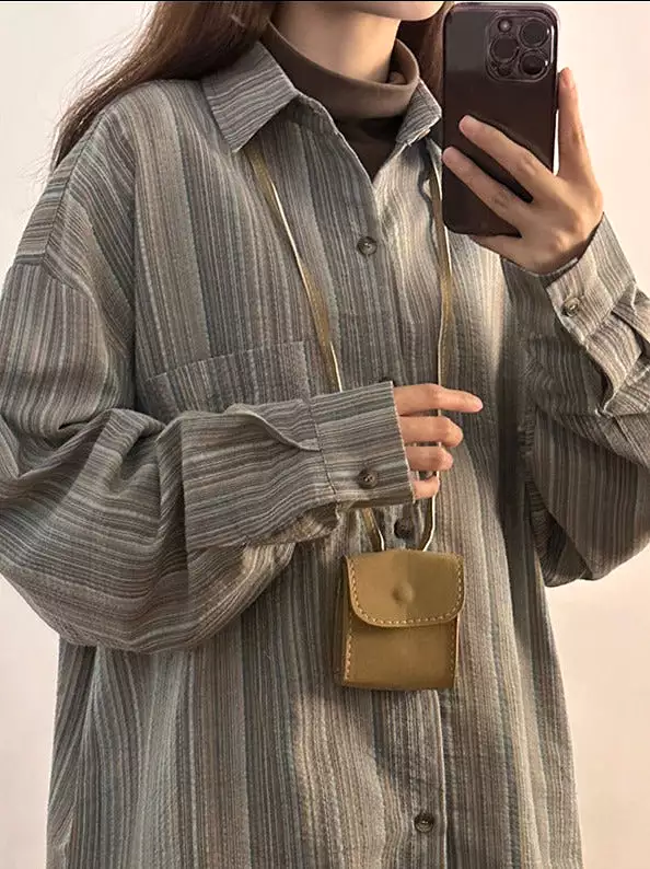 Spring retro striped shirt women's spring and autumn long-sleeved lazy style shirt loose top ins trend