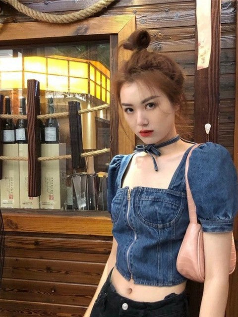 Square Collar Zipper Women Sexy Vintage Short Sleeve Denim Blouse