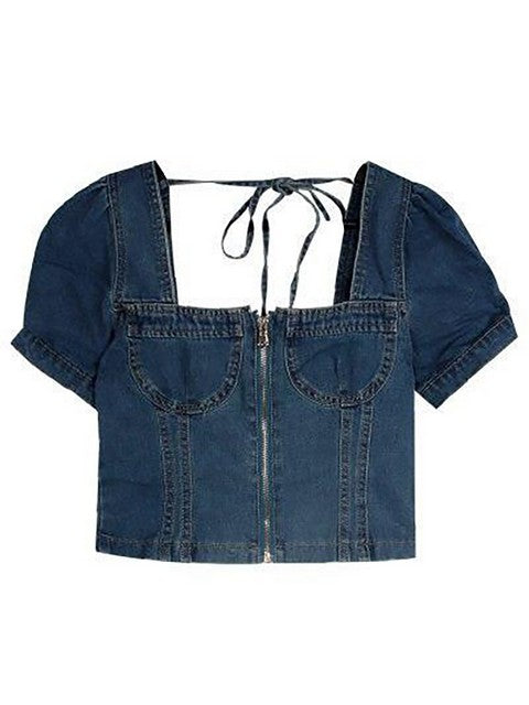 Square Collar Zipper Women Sexy Vintage Short Sleeve Denim Blouse