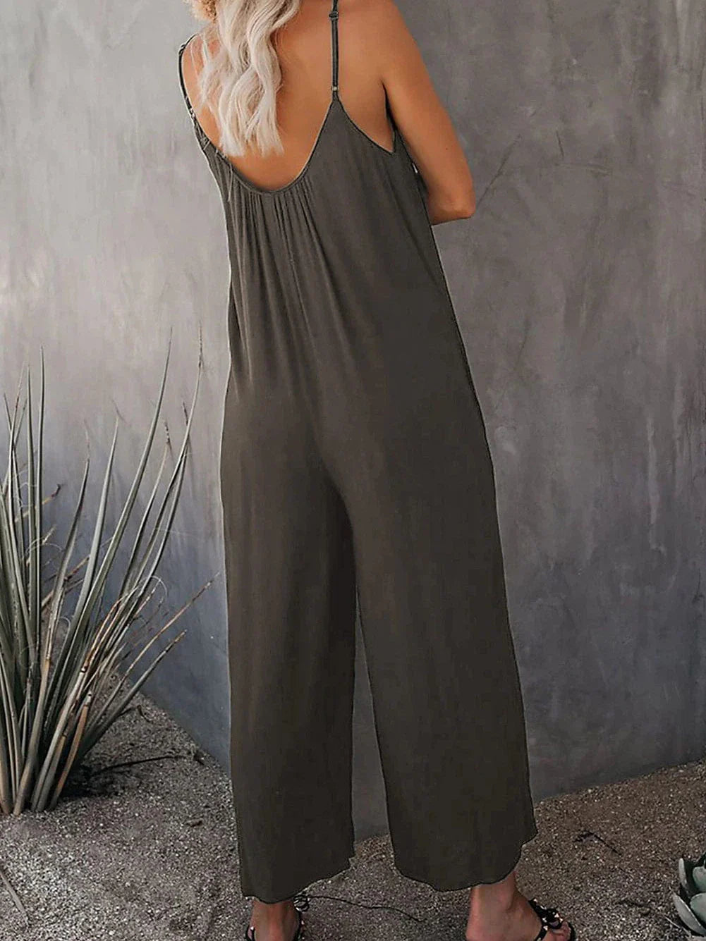 Stylish Khaki V-Neck Wide Leg Women's Jumpsuit