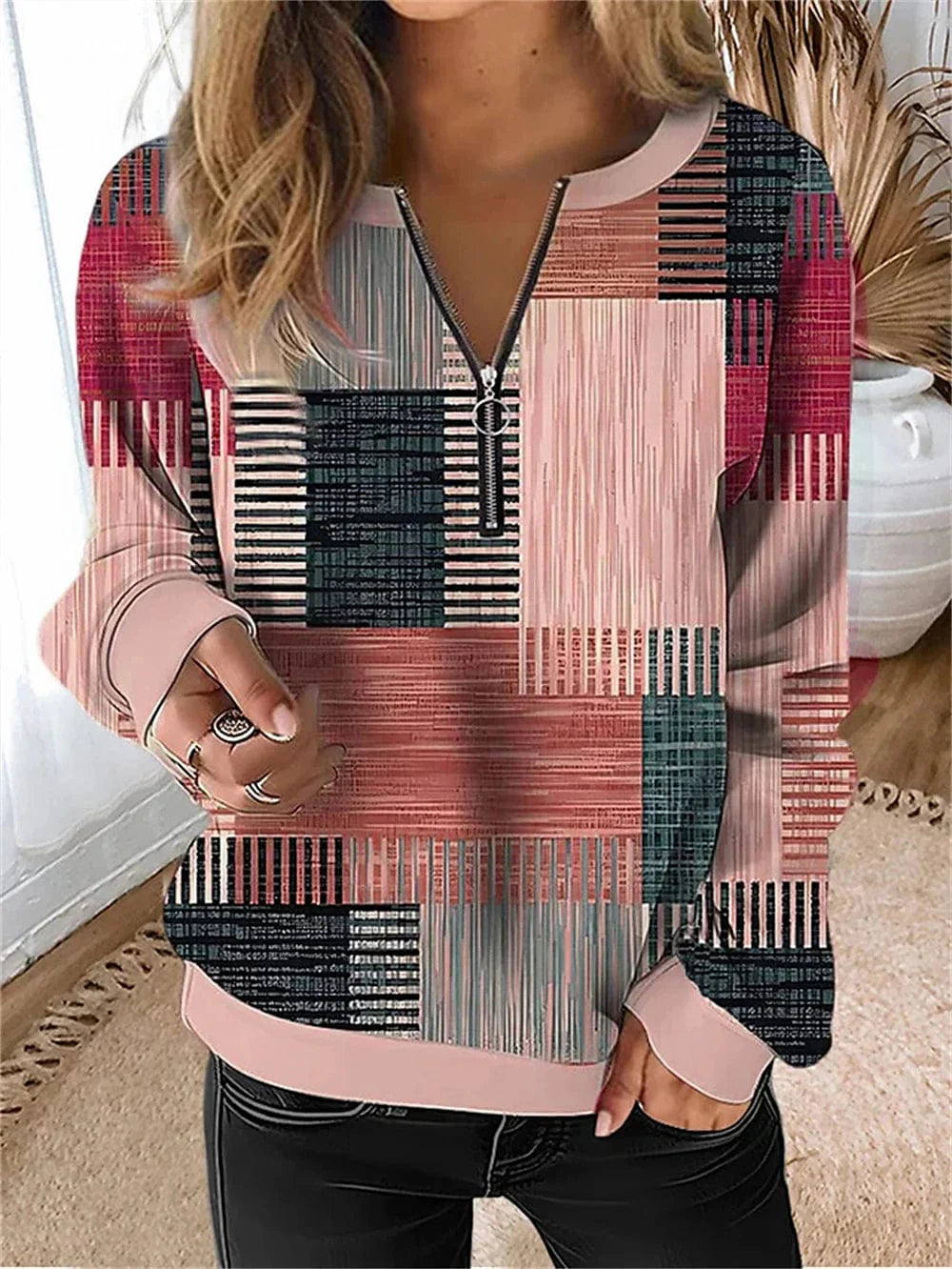 Stylish Plaid Quarter Zip Women's Sweatshirt for Fall & Winter