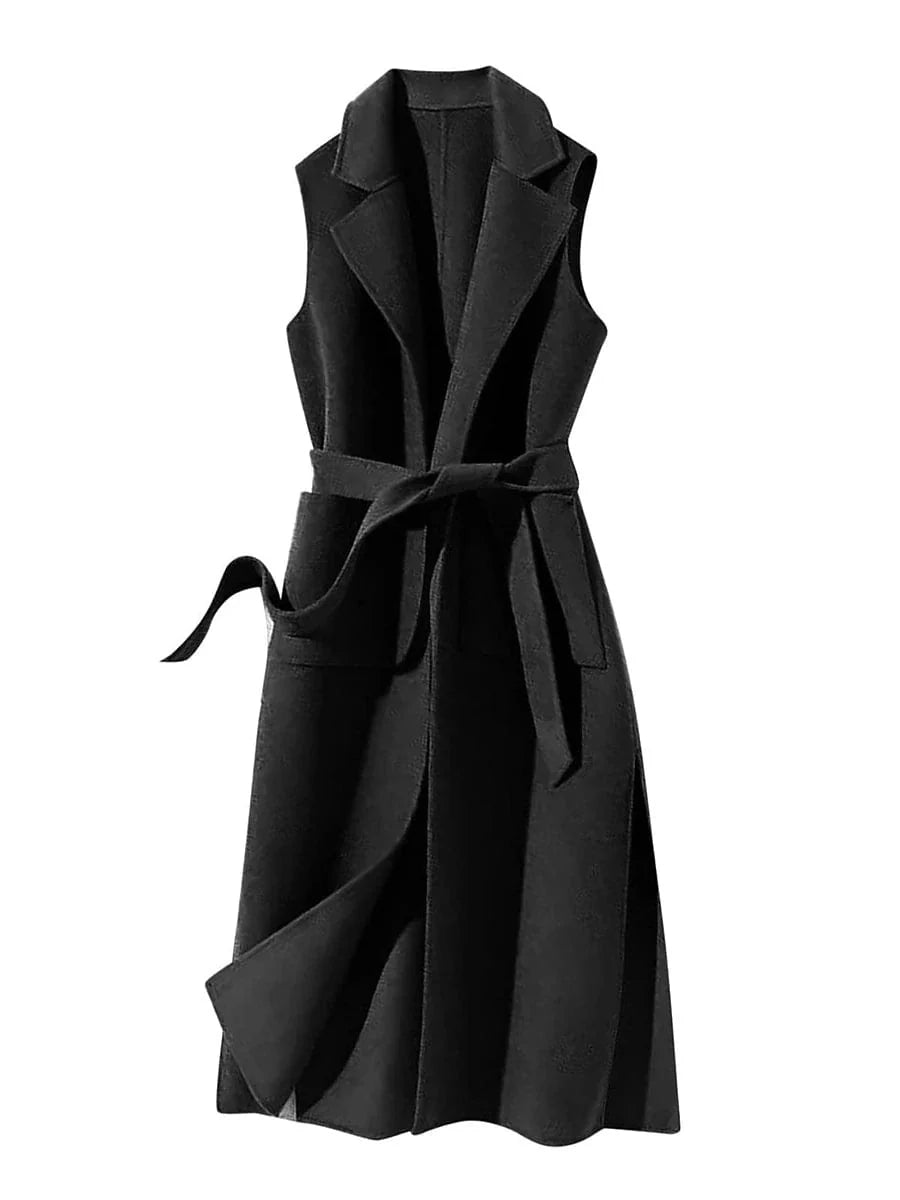 Stylish Sleeveless Winter Pea Coat with Belt - Women's Black S