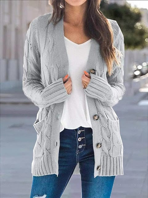 Stylish Women's Cable-Knit Buttoned Cardigan with Pockets