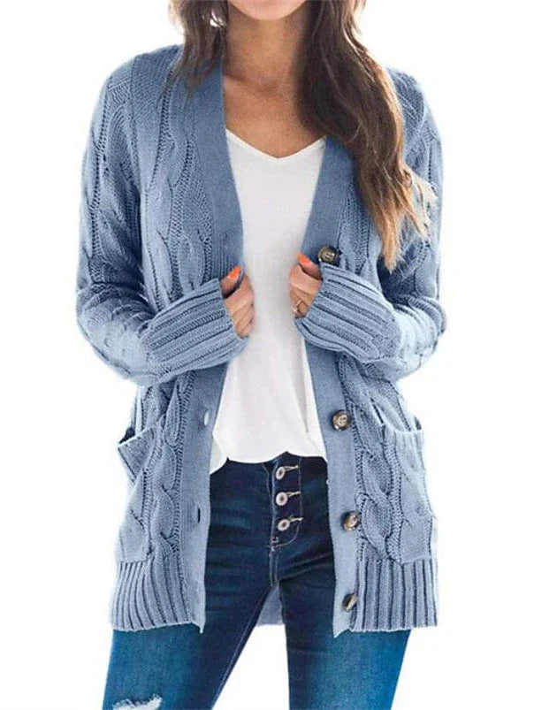 Stylish Women's Cable-Knit Buttoned Cardigan with Pockets