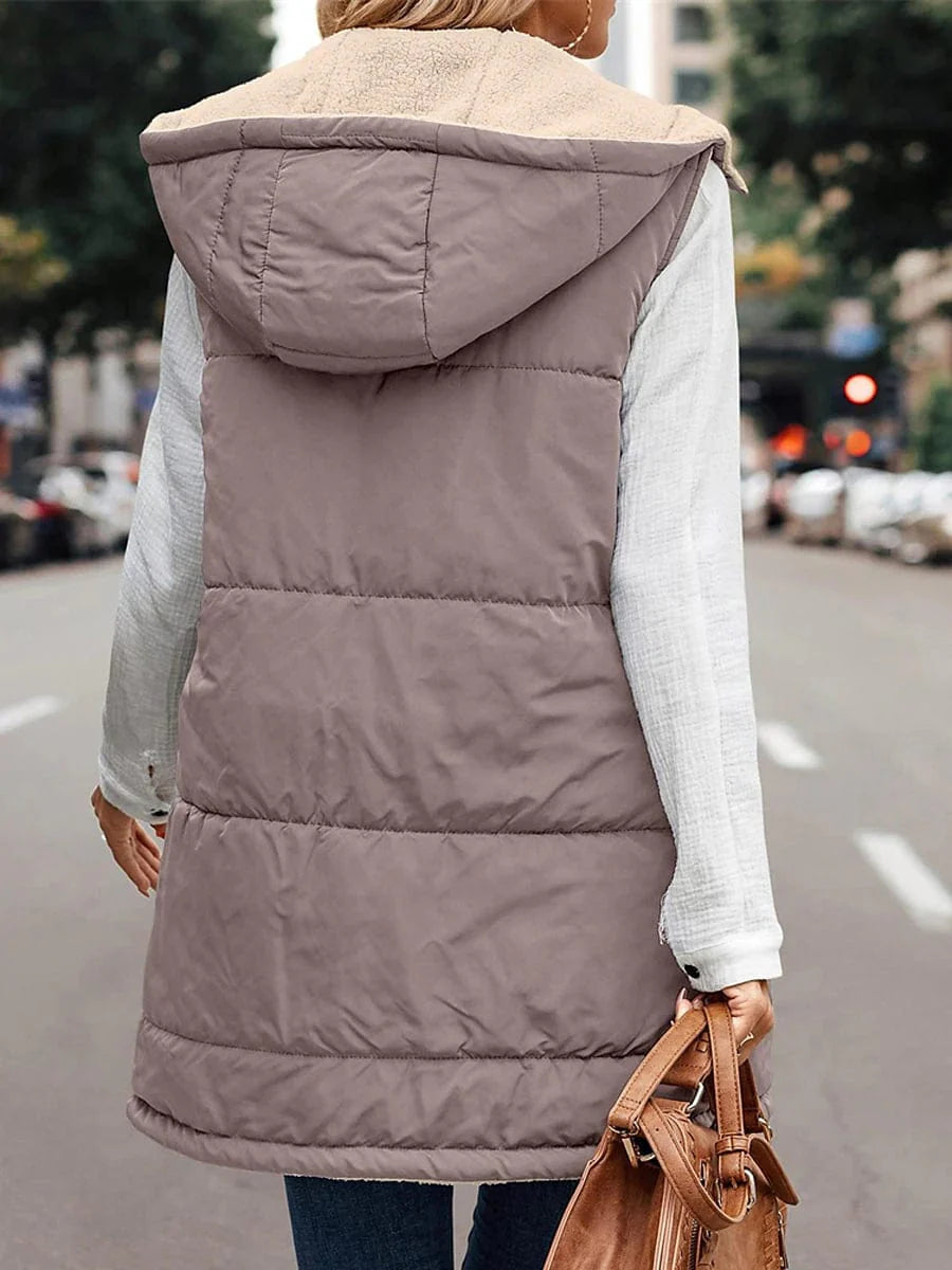 Stylish Women's Long Winter Puffer Vest with Reversible Fleece and Hood