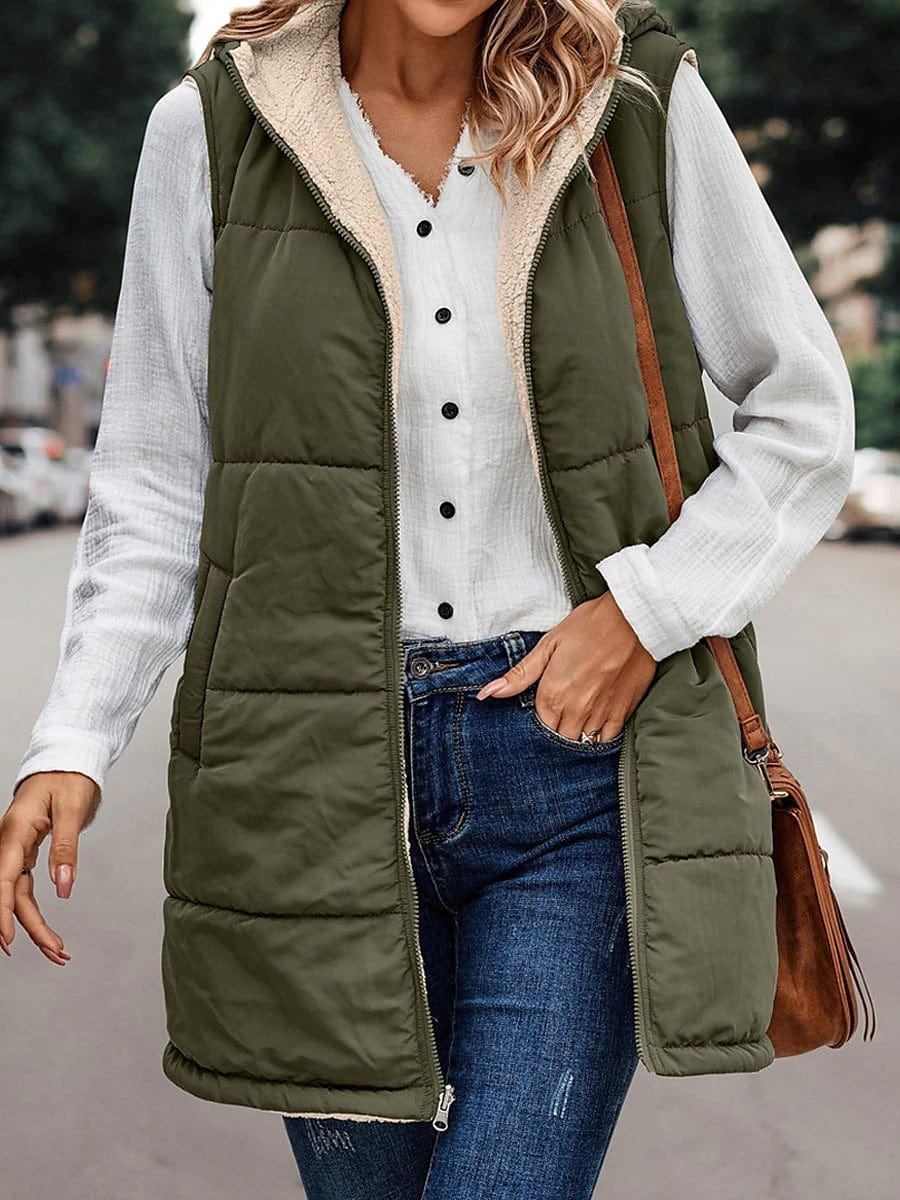 Stylish Women's Long Winter Puffer Vest with Reversible Fleece and Hood