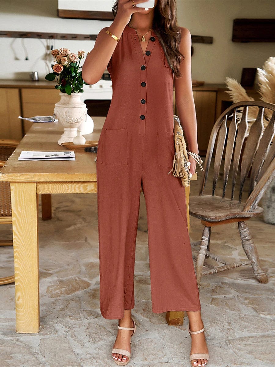 Stylish Women's Sleeveless Jumpsuit with V Neck and Button Pocket