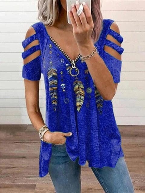 Stylish Women's V-Neck Blouse with Hollow-out Shoulders and Feather Print