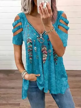 Stylish Women's V-Neck Blouse with Hollow-out Shoulders and Feather Print