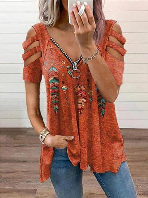 Stylish Women's V-Neck Blouse with Hollow-out Shoulders and Feather Print